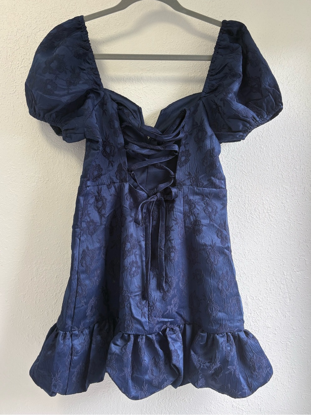 Lulus Exceedingly Delightful Navy Blue Jacquard Puff Sleeve Mini Dress Sz Medium - Picture 6 of 9